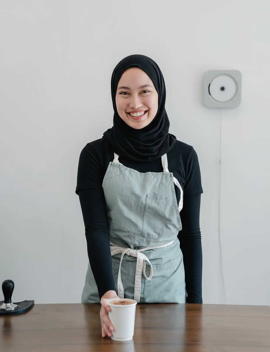 Muslim business owner serving customers
