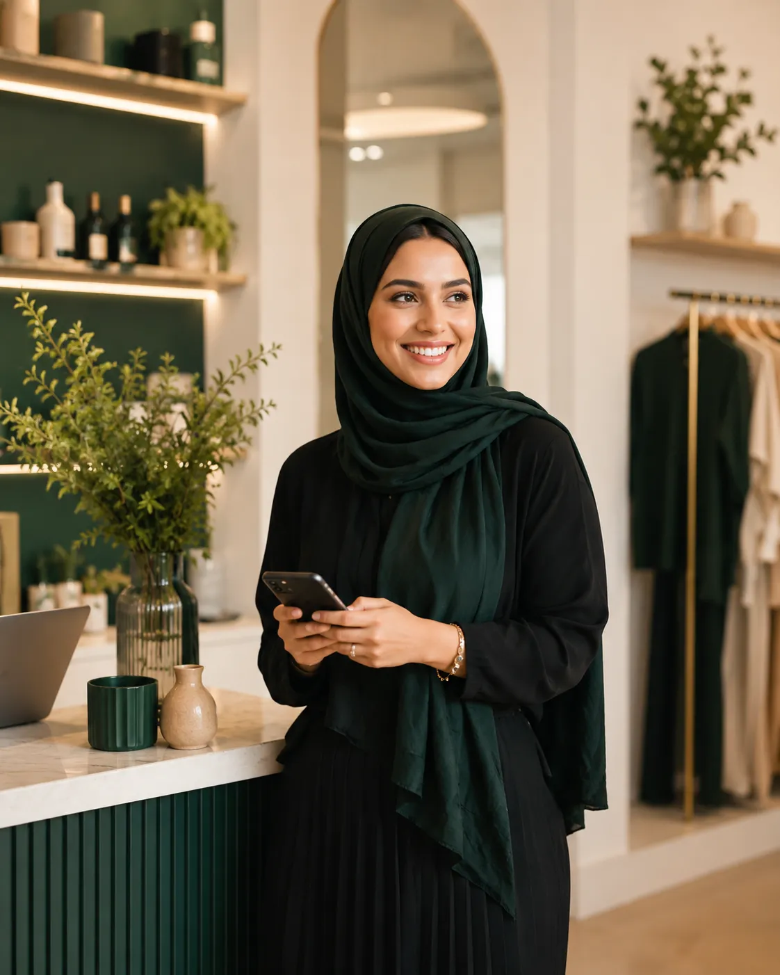 Customer browsing Muslim-owned businesses on her phone in a boutique